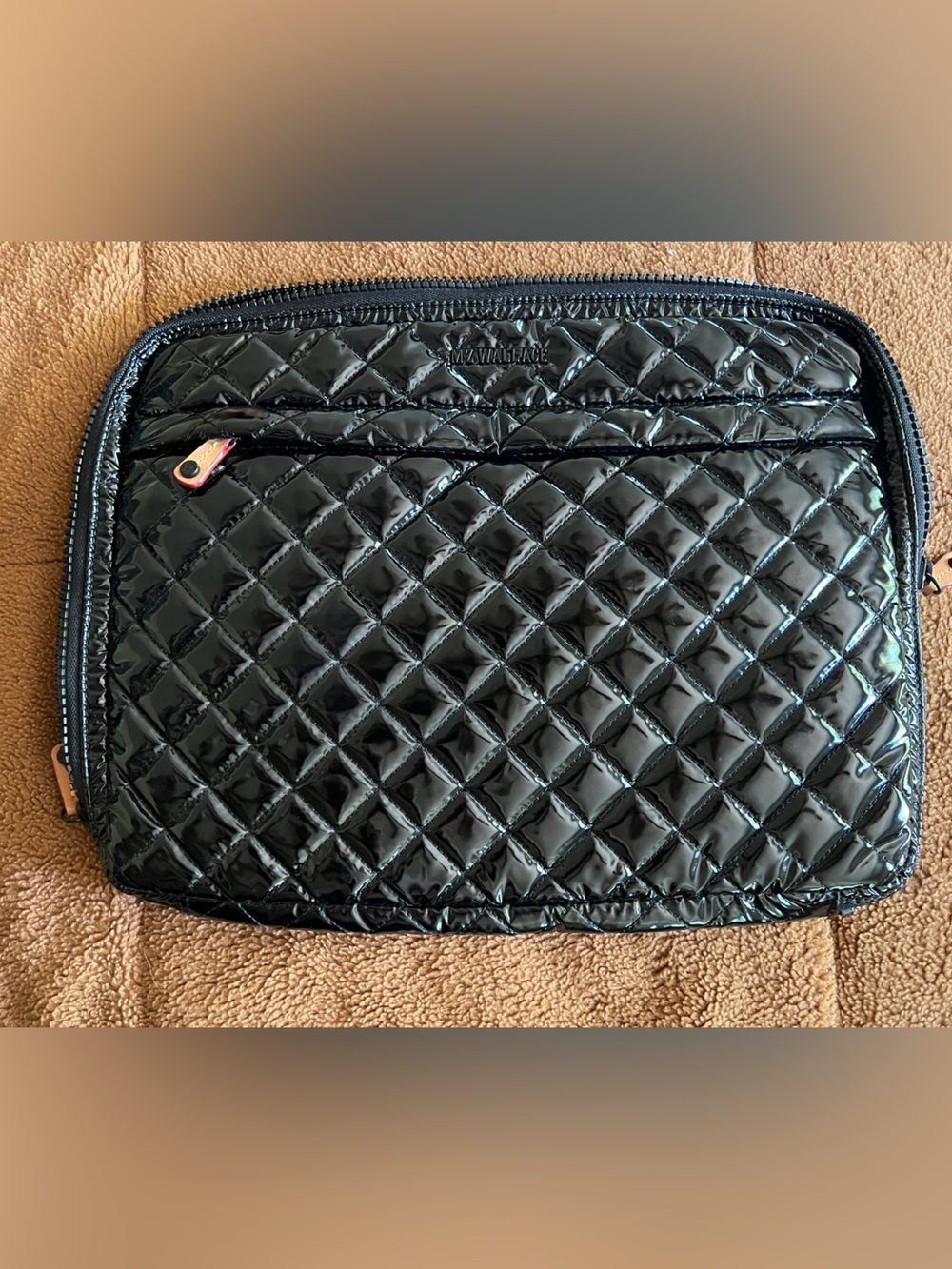 MZ Wallace black lacquer quilted Metro organizer laptop case